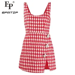 2023 New Arrive Red and White Plaid Tweed Women Mini Dress Sleeveless Slit Hem Lady Tank Dress