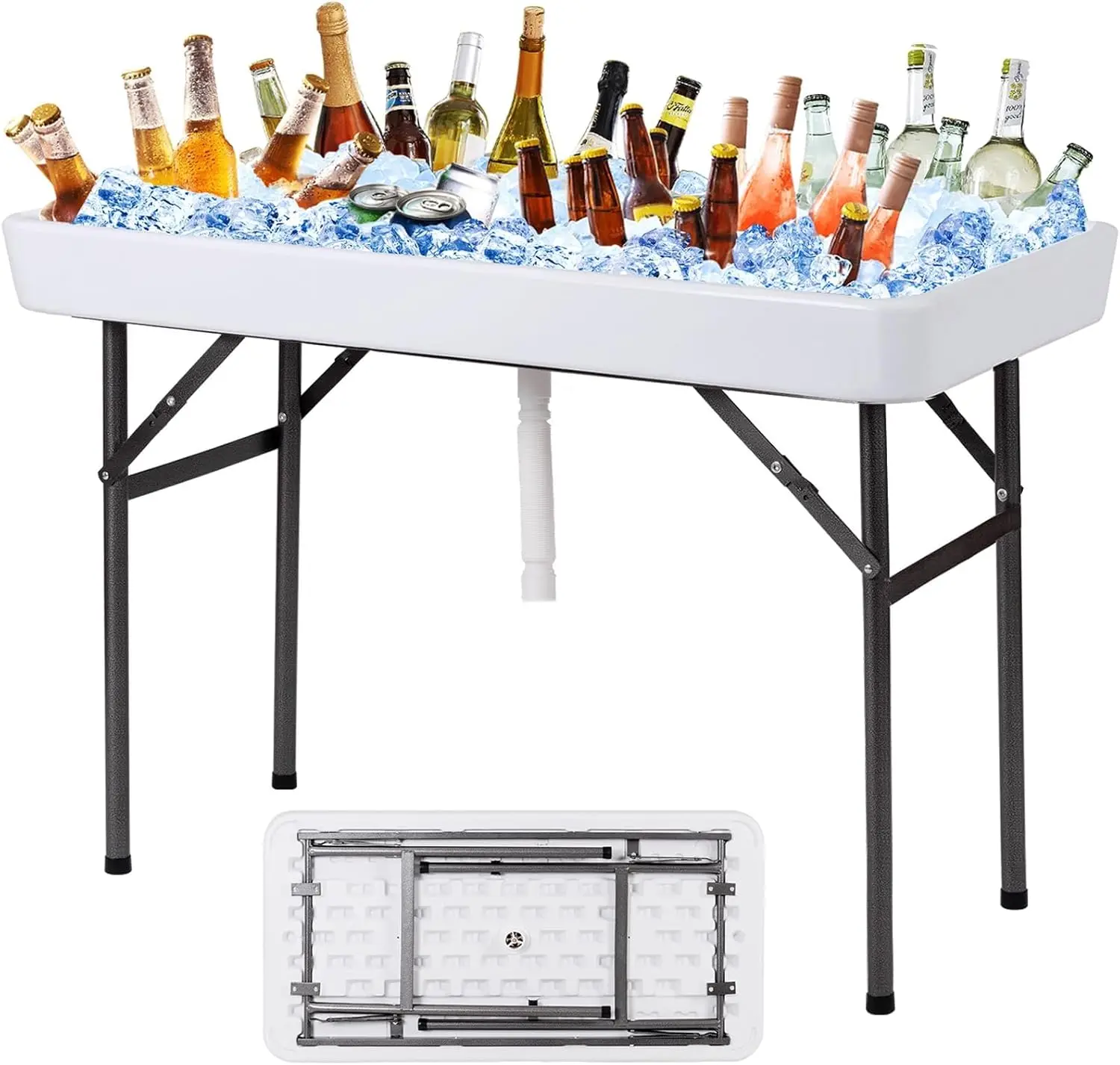 Folding Ice Table with Drain, 4 ft Portable Cooler Table with Removable Skirt, No Assembly, Fill and Chill Table for Food Drink