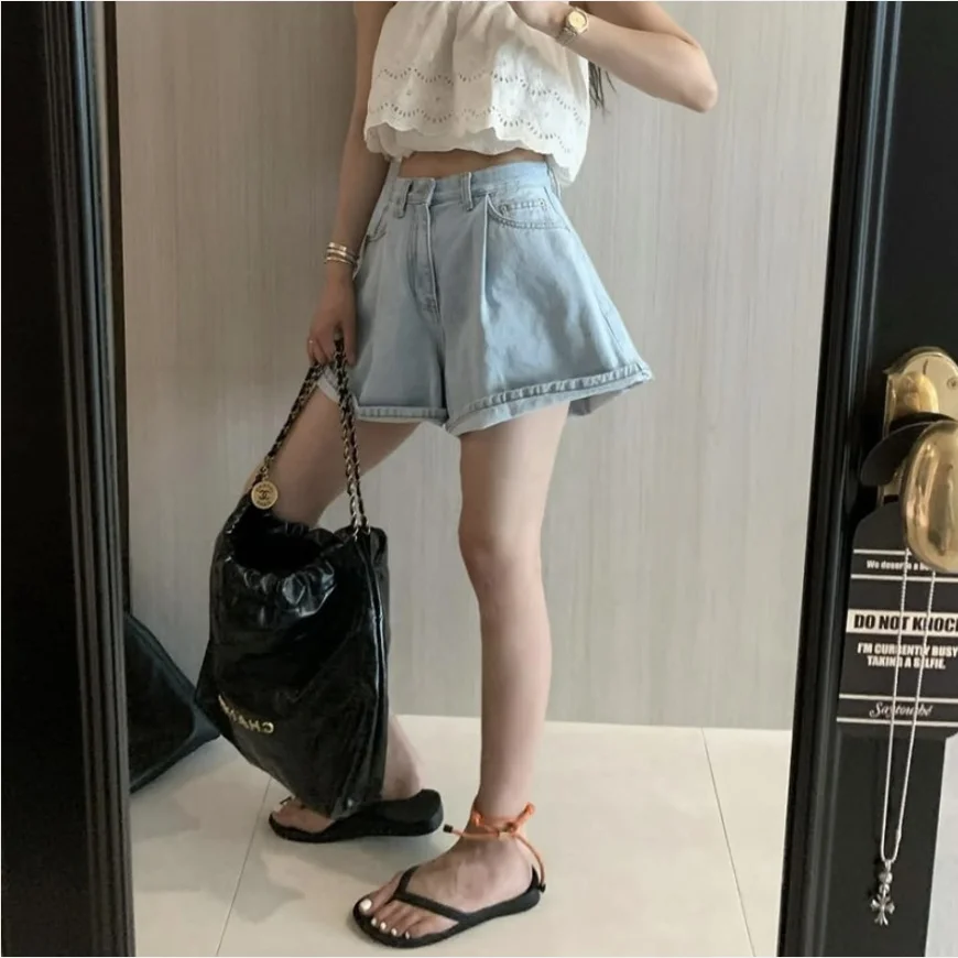 Casual Loose Wide Leg Short Pants Women's Summer High Waist Pure Color Jeans Folded Hem Cotton Material Non-Stretch Blue