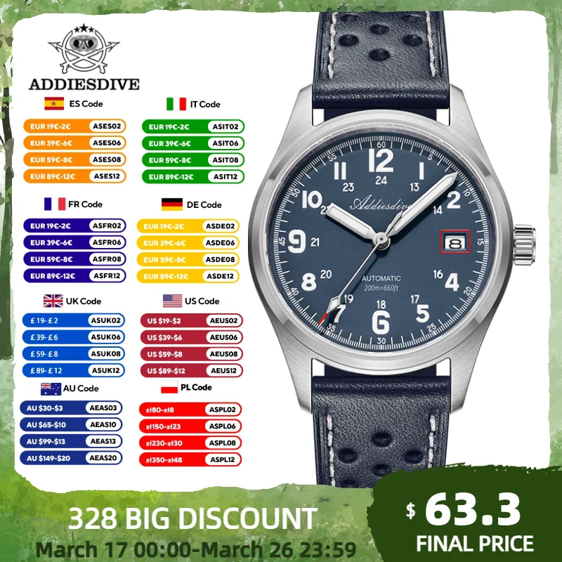 Addiesdive couro casal relógios 39mm safira nh35 luxo relógios automáticos bgw9 aço luminoso à prova dwaterproof água mergulho relógios de pulso