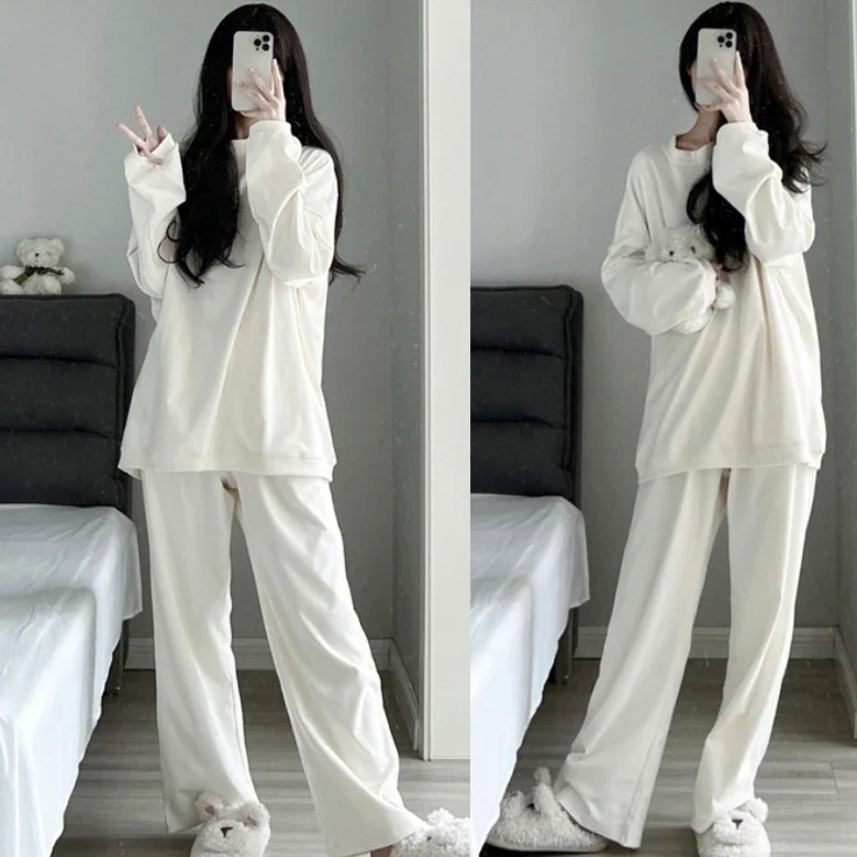 Homewear Long Sleeve Pajamas Set Leisure Girls Sleepwear 2Pcs Nightwear for Women Soild Casual Students Long Loose Waist Pant