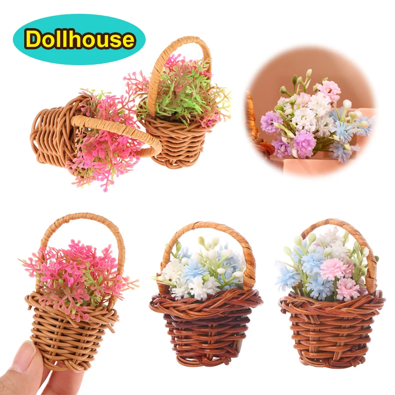 1Set 1:12 Dollhouse Miniature Woven Flower Basket Hand Basket Storage Basket Kids Pretend Play Toy Doll House Accessories