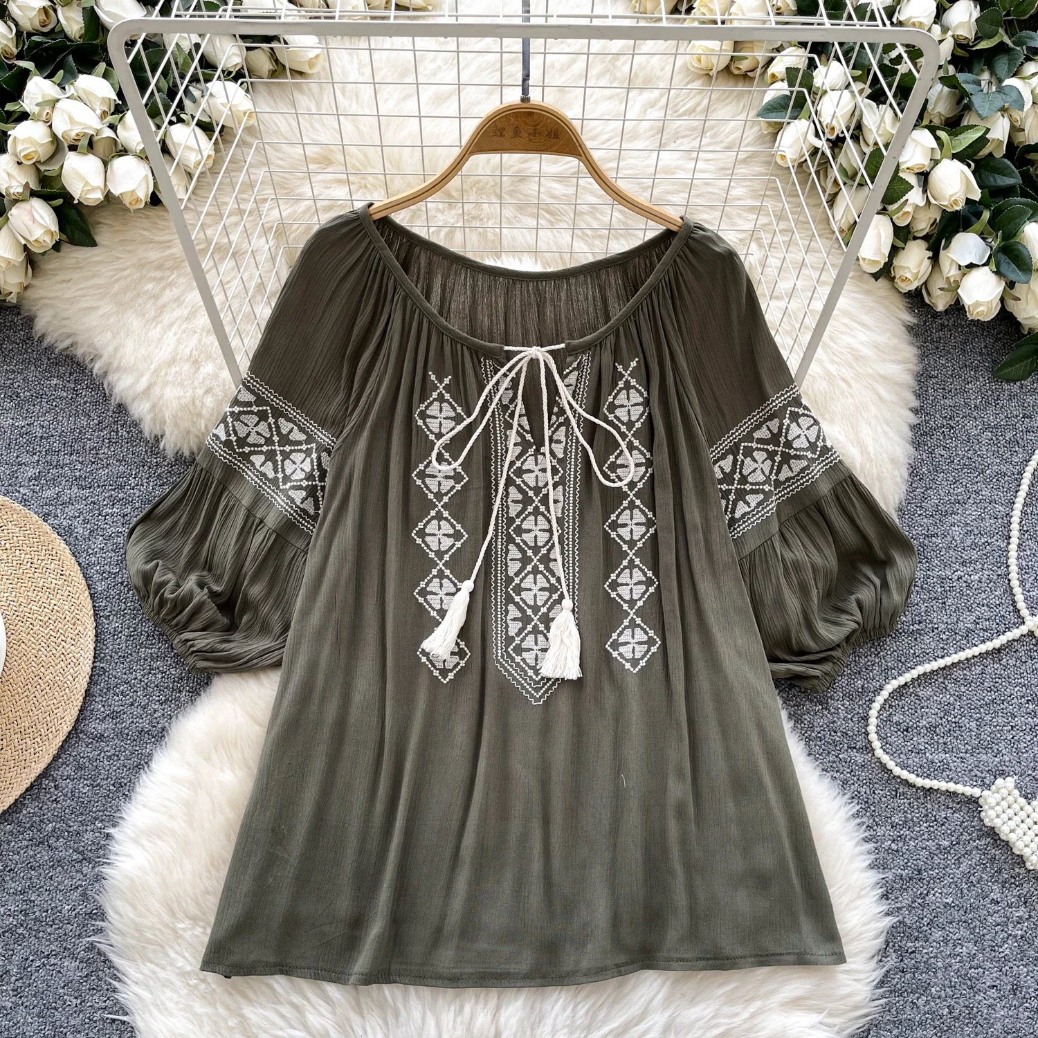 Vintage O-neck Lace-up Elegant Half Lantern Sleeves Chic Embroidered Loose Top Korean Streetwear High Street Autumn Sweet Blouse