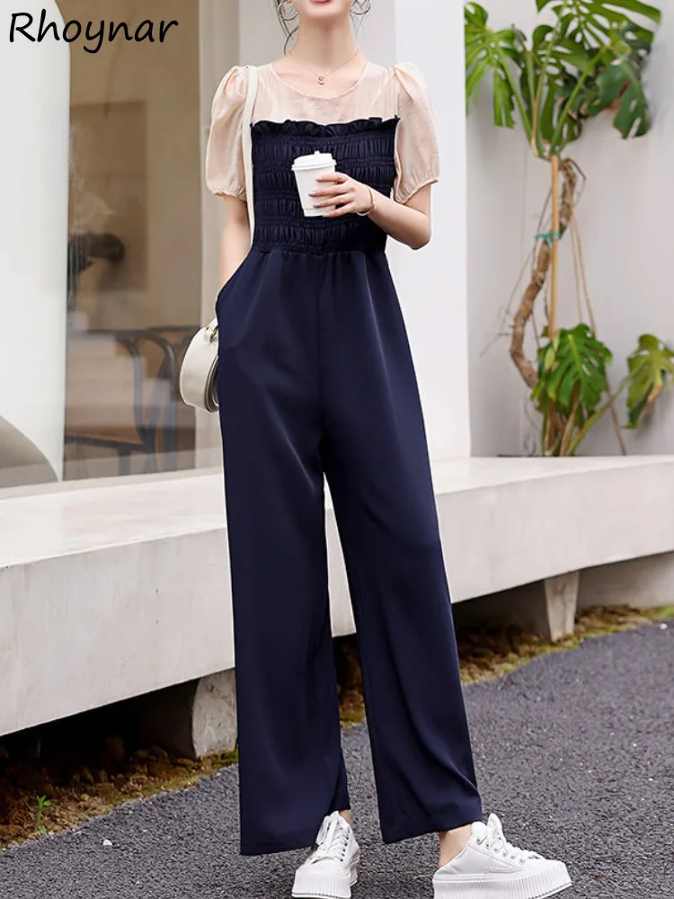 

High Waist Jumpsuits Women Spliced Temper Wide Leg Trousers Korean Fashion Puff Sleeve Casual Vintage Summer Clothes Ladies New