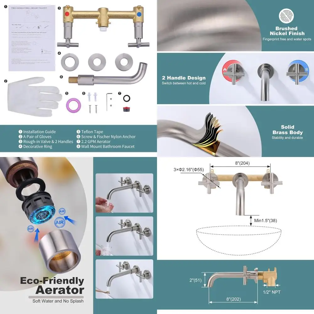 

Dual Handle Wall-Mounted Vessel Sink Faucet with Brushed Nickel Finish and Included Rough-In Valve