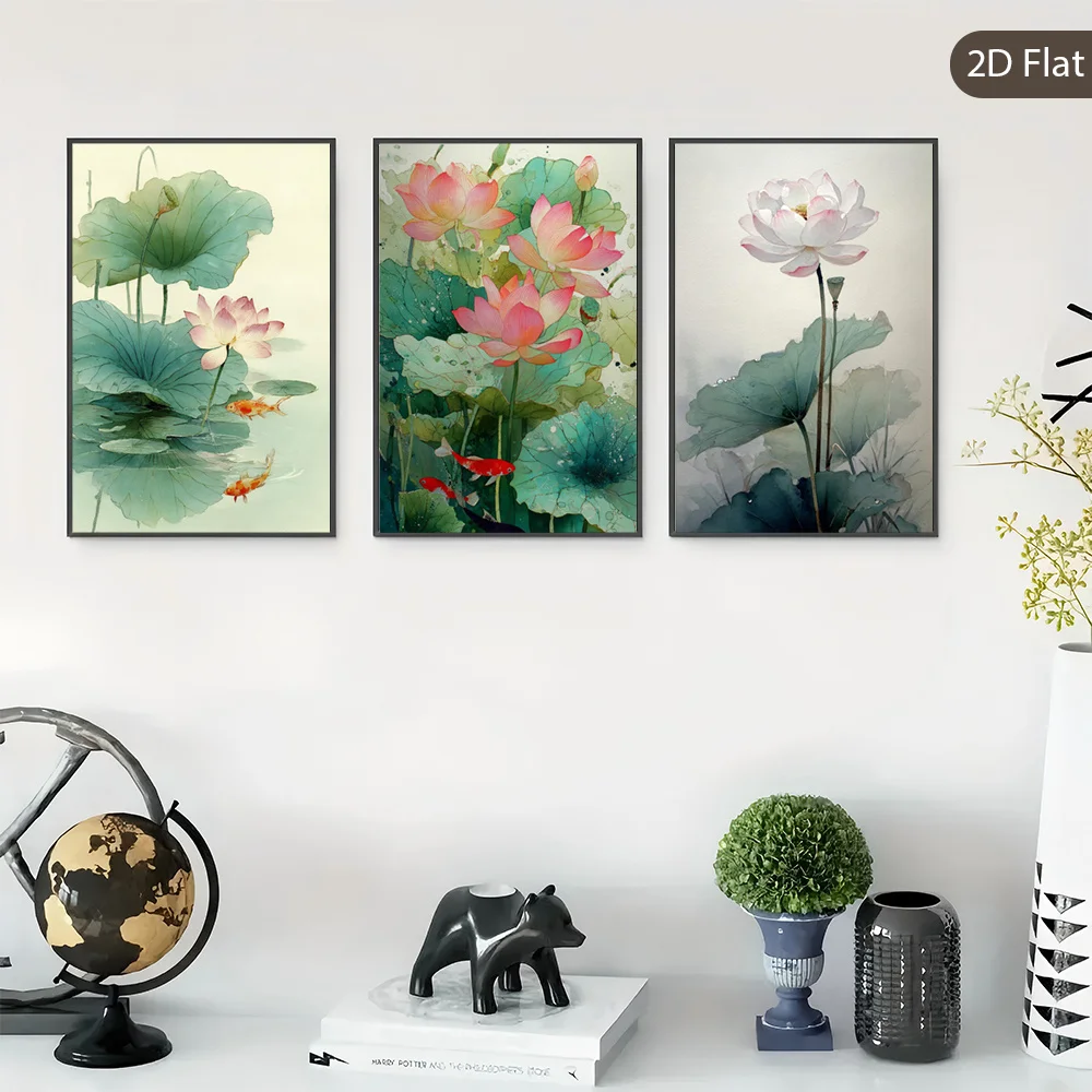 2D Flat, 2D Flat, Set of 3 Unframed Canvas Prints Featuring Lotus Flowers, Aesthetic Art Deco Style, Tranquil Beauty for Home