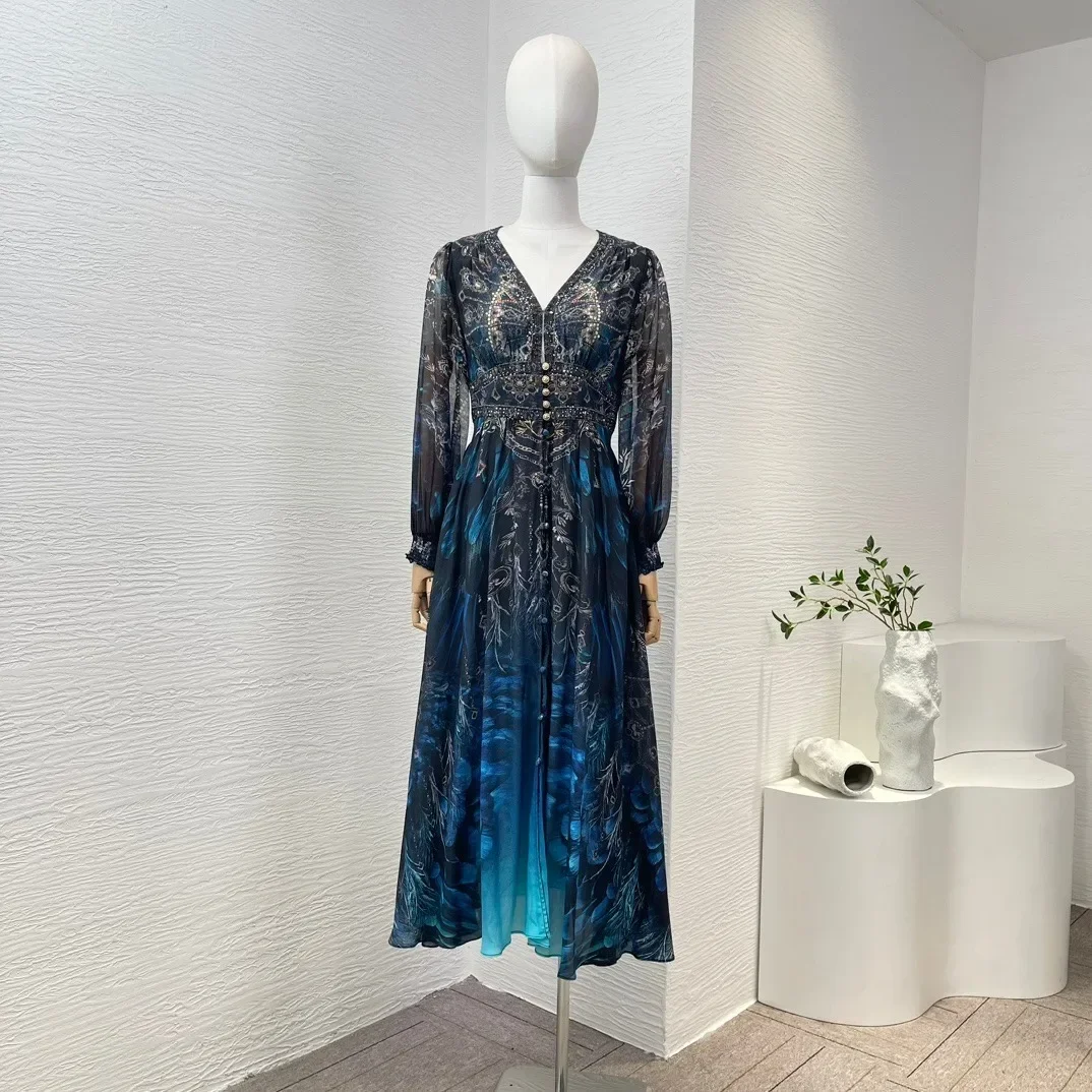 

Worldcloset 2024 Spring V-Neck Blue Diamonds Pressed Long Sleeve Midi Dress