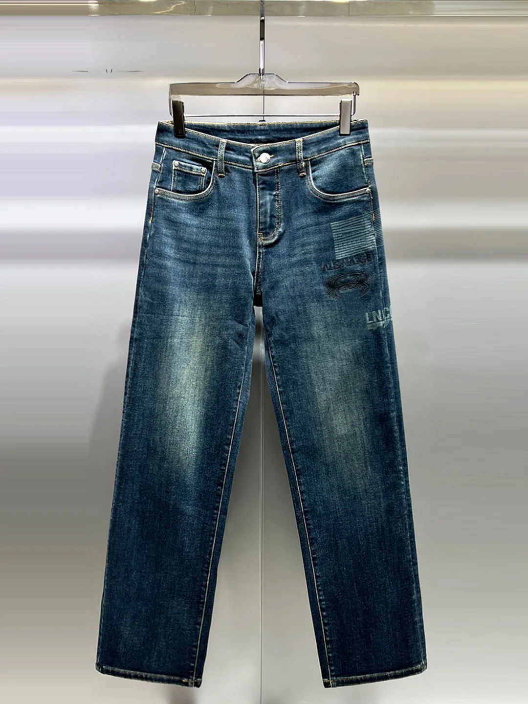 

Men's Winter Thiened Fce Lined Straight Leg Jeans Embroidered Letter Print Luxury Versatile Casual Classic Fit Blue Jeans