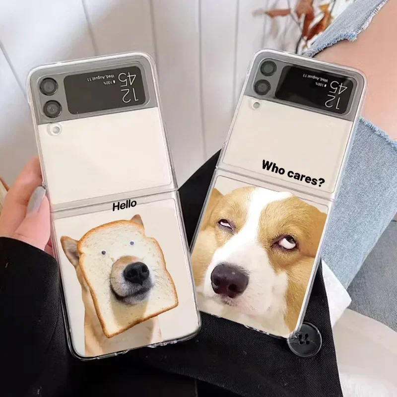 Engraçado dos desenhos animados cão gato transaprent caso de telefone para samsung galaxy z flip 6 zflip 5 z flip 7 capa clara zflip 4 3 fundas conchas