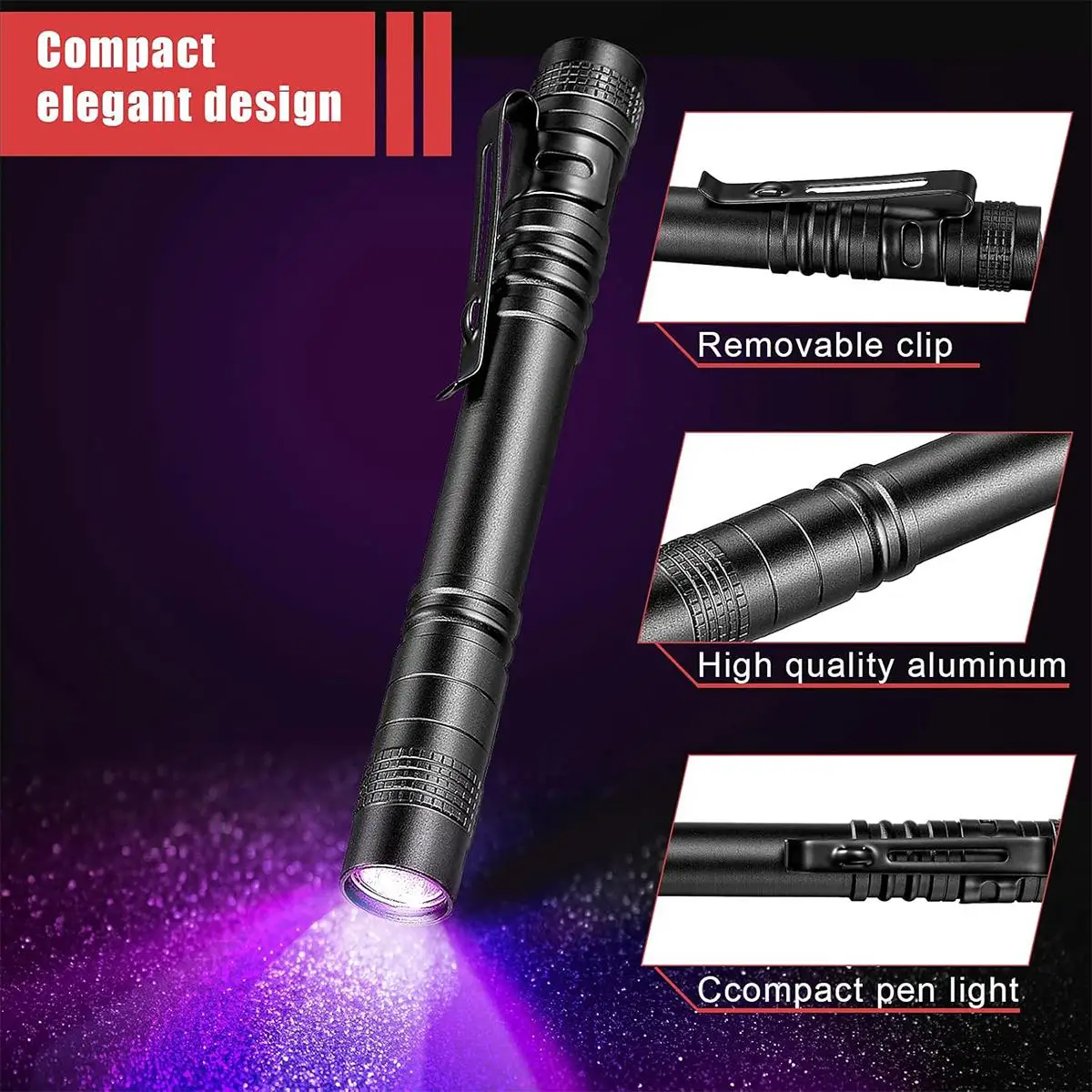Senter Uv 365nm Senter Ultraviolet dengan Klip Pena Sidik Jari 395nm Lampu Deteksi Kalajengking Manual Lampu Noda Mini Portabel