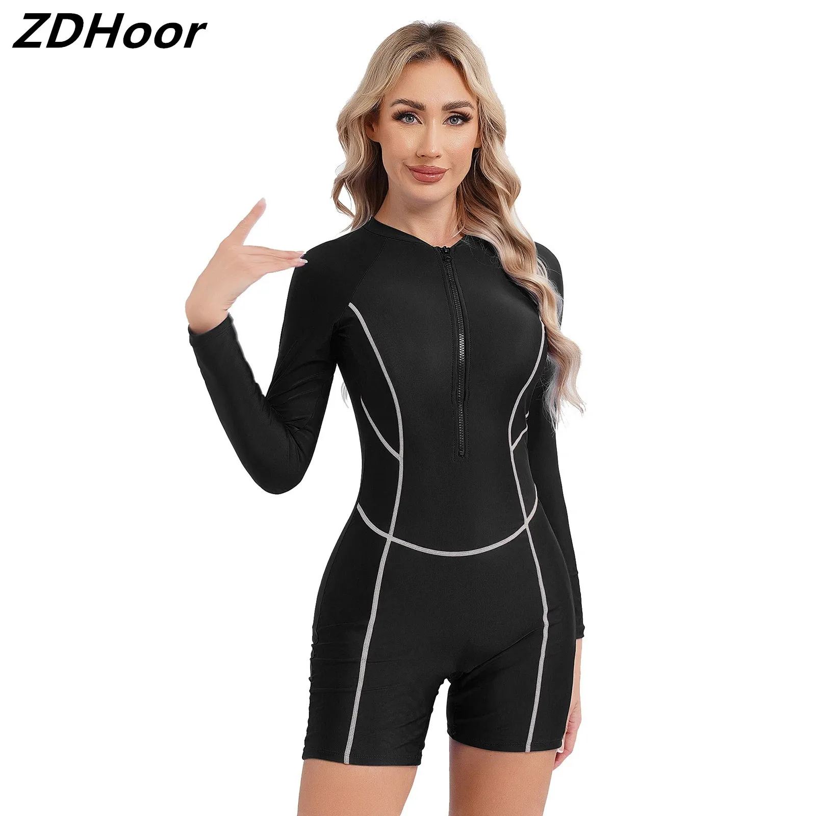 

Women One-piece Zipper Swimsuit Long Sleeve Padded Front Swimsuit Boyleg Athletic Swimwear Pool Beach Surfing Bathing Suit