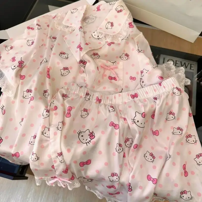 

2Pcs Sanrio Cute Pajamas Hello Kittys Kawaii Short Sleeves Shorts Fashion Sweet New Style Comfortable Breathable Home Clothes