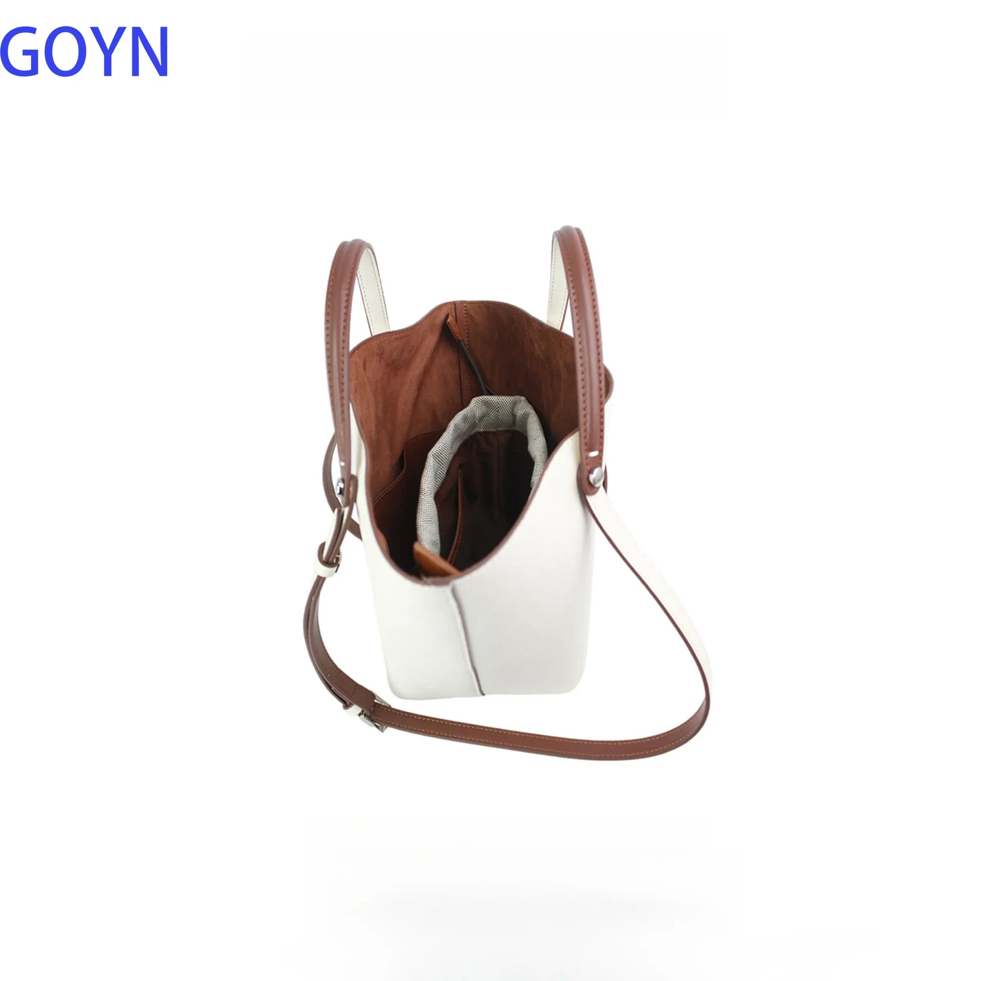 

Women Off White Contrast Brown Trim Vertical Mini Bucket Tote Bag Soft Faux Leather Open Top Handbag Detachable Adjustable Crossbody Strap For Spring Daily Dating