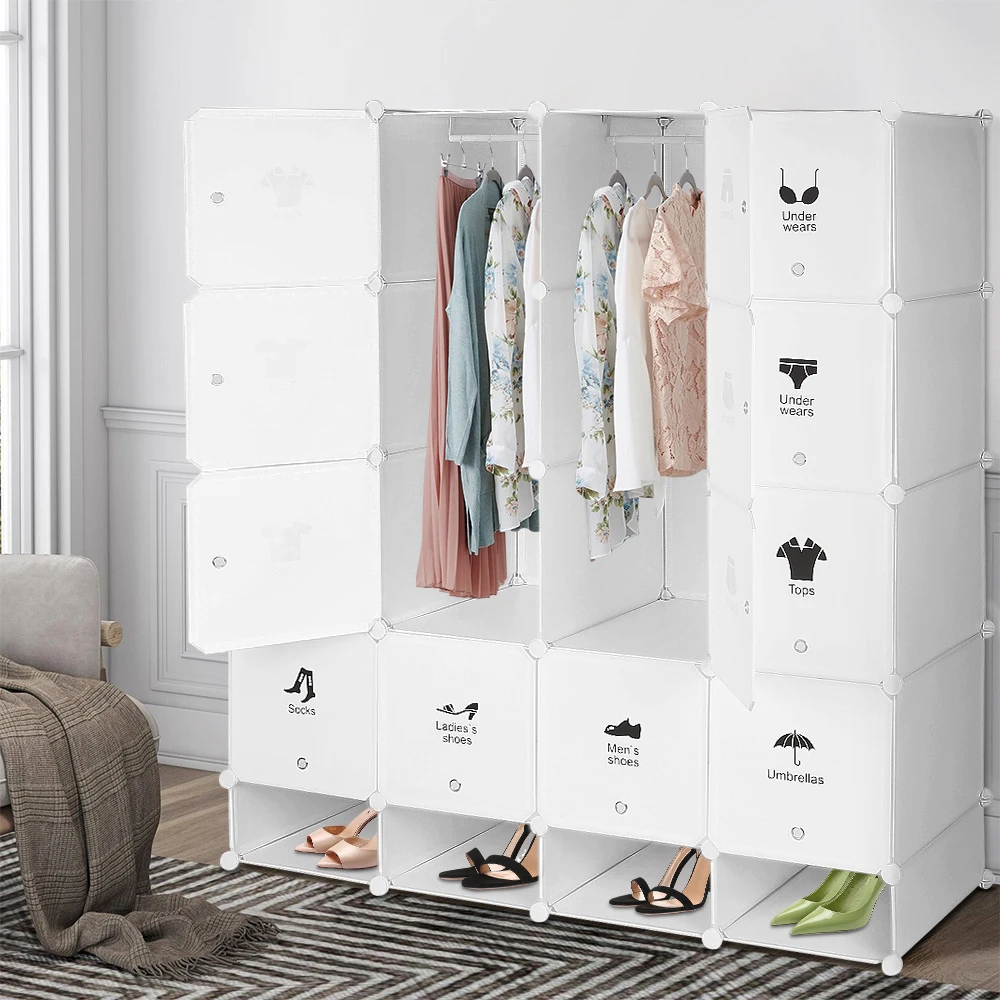 Armoire Penderie Portable Storage Modulable Meuble Étagères de Rangement DIY avec Portes pour Vêtements Chaussures Jouets Livres Bibelots (16 Cubes Avec 4 Cubes Chaussures) Blanc
