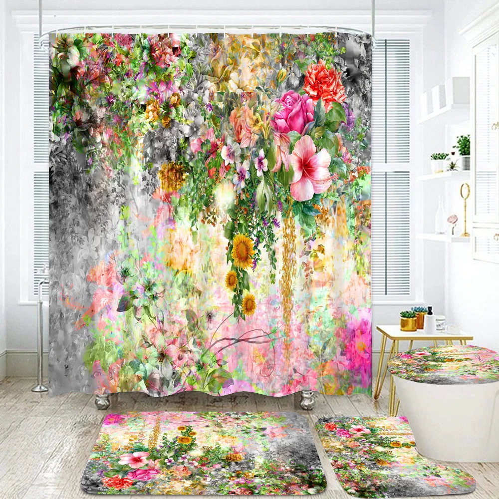 180*180cm Watercolor Flowers Fabric Shower Curtain Set Bath Mats Rugs Bathroom Curtains Anti-slip Rug Toilet Lid Carpet Decor