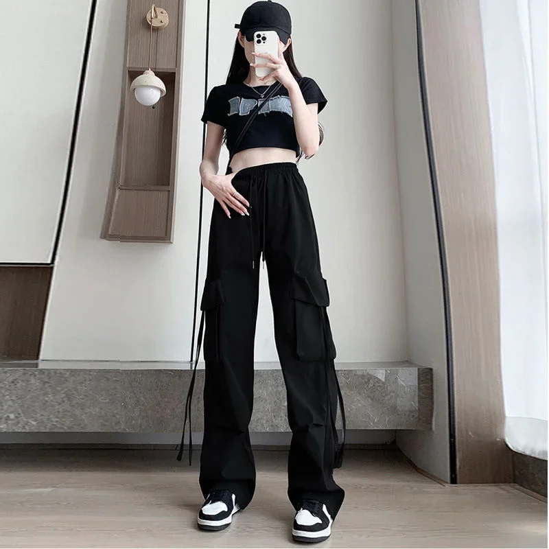 Women's Cargo Pants High Waist Wide Leg with Pockets Female Trousers Pink Autumn Casual Nylon Quality Clothing Slacks 90s Cotton