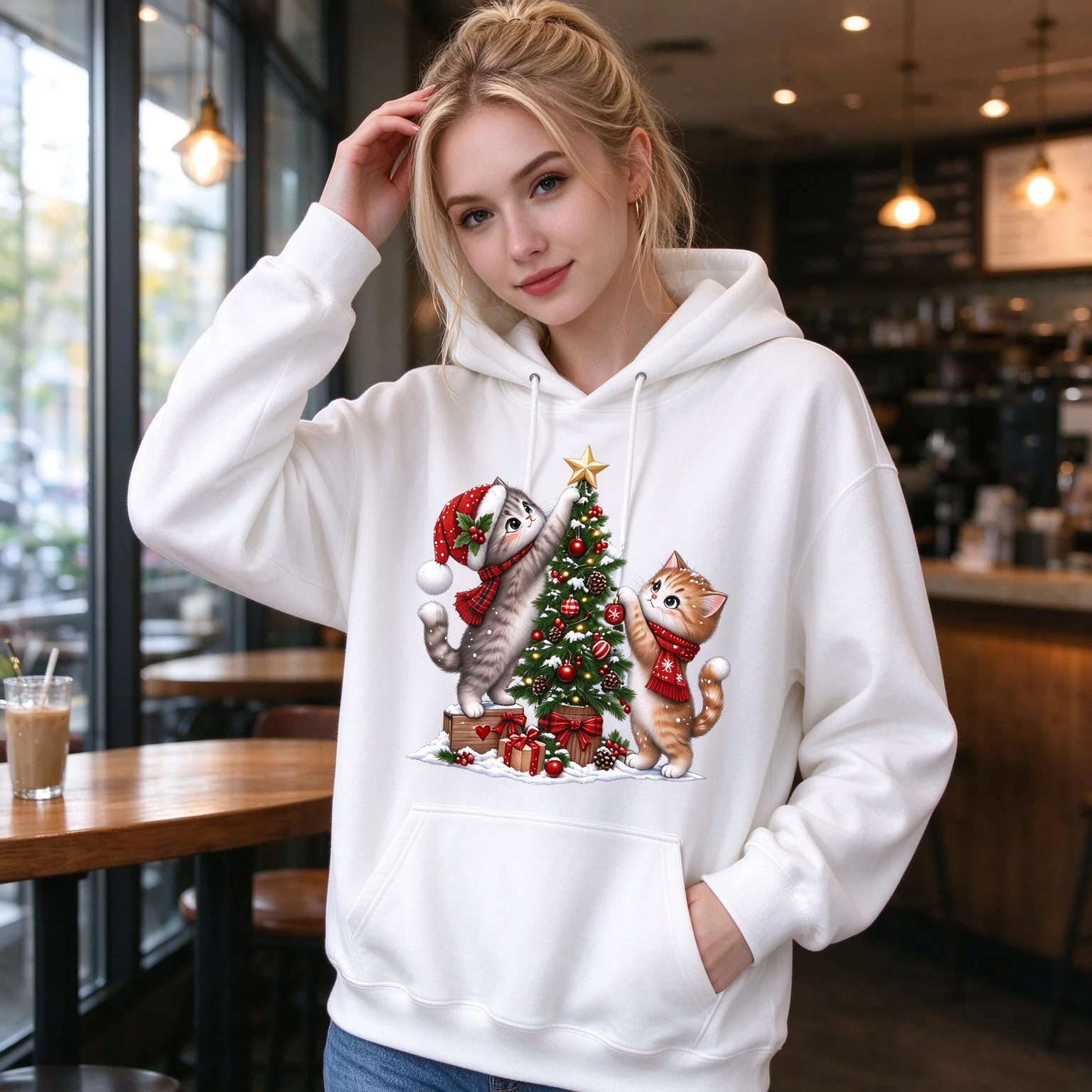 Christmas Cat Tree Women Sweatshirt Cute Kitten Xmas Decor Crewneck Pullover Holiday Long Sleeve Tops Fall Winter Hoodies Women