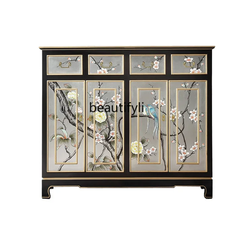 

Chinese Painted Home Entrance Cabinet Hand Painted Shoe Cabinet Paillette Guest Hall Partition Storage Side Cabinet