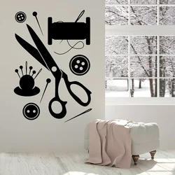 Tailor shop Wall Decal Sewing Atelier Scissors Button Needle Threads Wall Stickers Vinyl Removable Sewing Wall Decor Mural C046