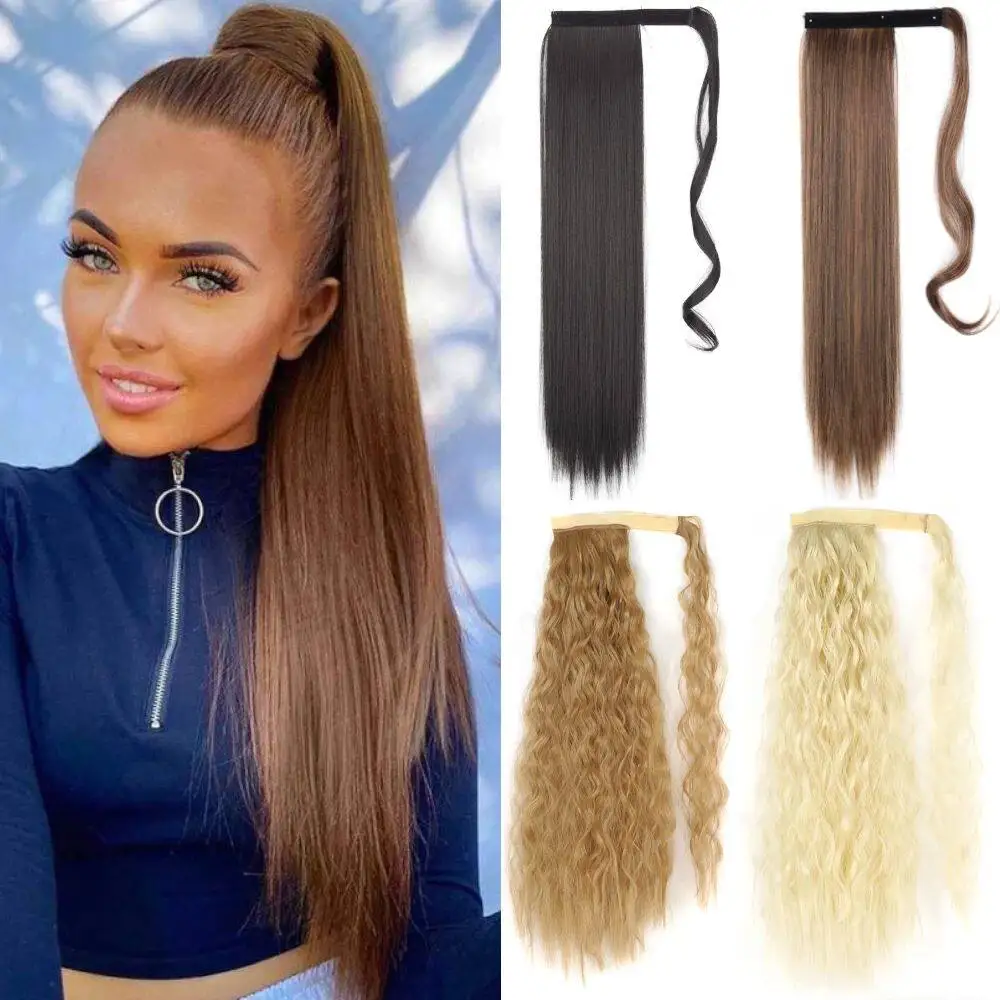 ロングストレート合成繊維の巻き付け式テールクリップヘアエクステンション、簡単に装着可能、熱不要、高品質人工毛