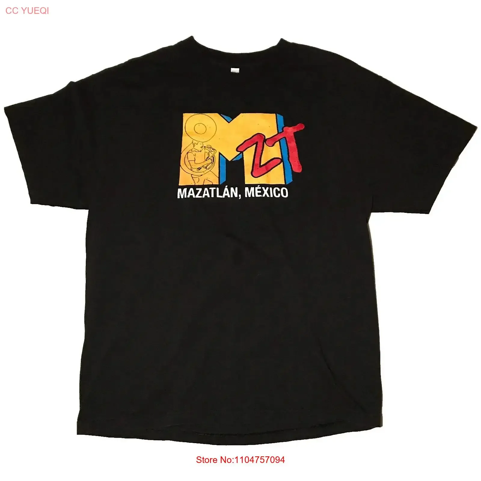 Camiseta Mazatlán México con Logo Parodia MTV, Negra, Talla XL, Estilo Vintage Lavado, Gráfico, Moda Masculina, Ligeramente Elástica y Elegante