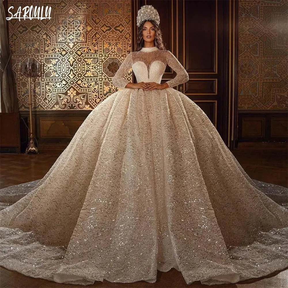 

2025 Dubai Plus Size Wedding Dress Sparkly Ball Gown Bride Robe Graceful High Neck Floor-length Bridal Dresses Vestidos De Novia