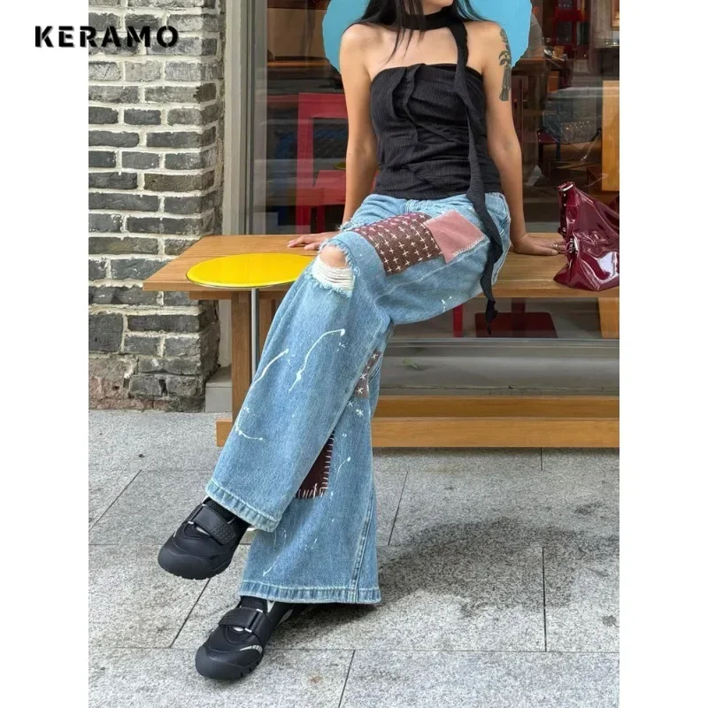 Rua vintage cintura alta reta emo jeans feminino casual rasgado calças baggy y2k perna larga grunge retalhos denim calças