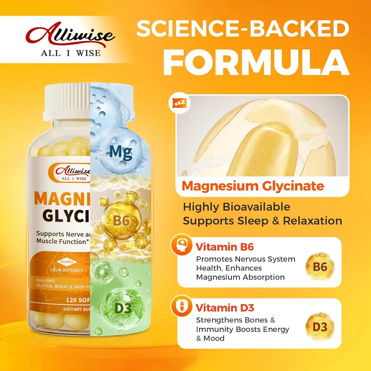 Alliwise Magnesium Glycinate 400mg Mineral Supplement for Women and Mens Natural Sleep Support Bone Health Immunity Mood Support view 2