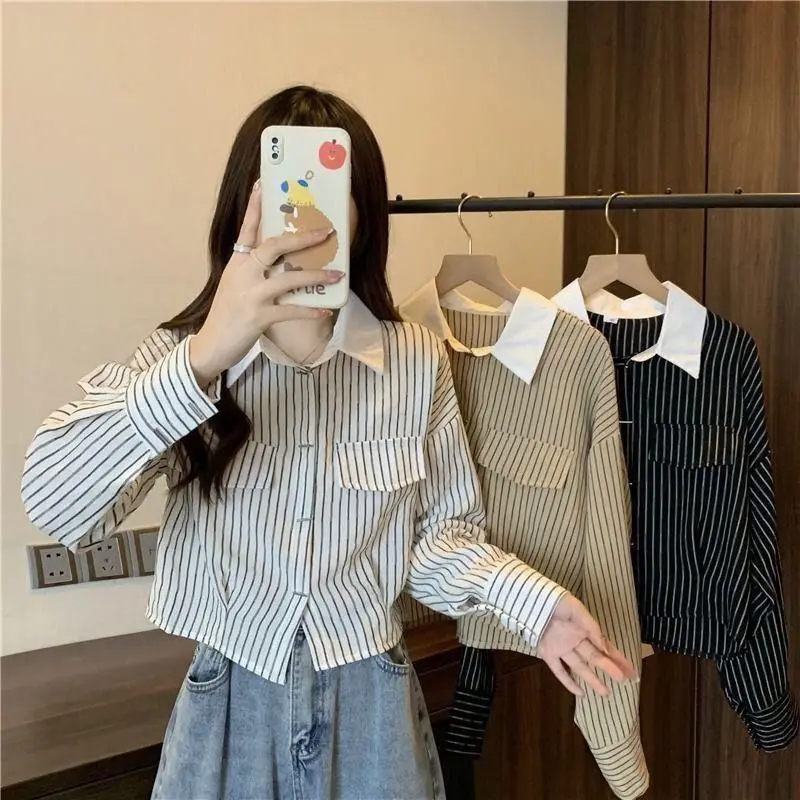 Contrast Striped Patchwork Short Blouse Spring New Polo Neck Long Sleeve Loose Fashion Shirt Tops Office Casual Women Clothing