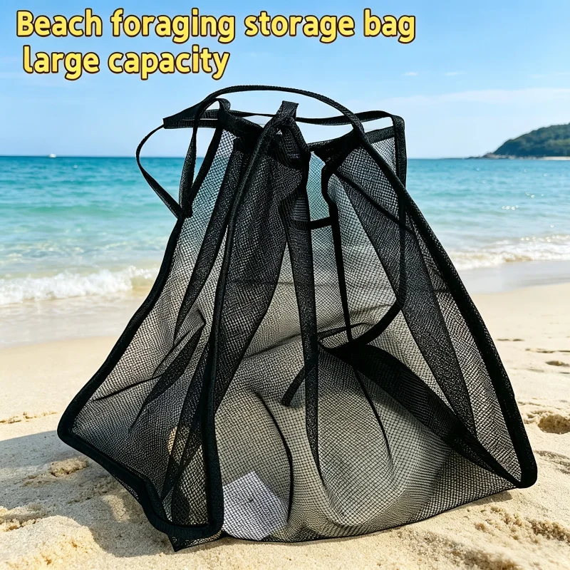 1Large-capacity black portable beach storage bag、Suitable for summer beachcombing and beach storage bag、Fashionable, lightweight