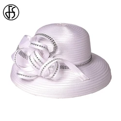 FS Lady Cocktail Tea Party Derby Fedora Wedding White Hat Church Elegant Bow Flower Caps For Women Wide Brimmed Cloche Hats