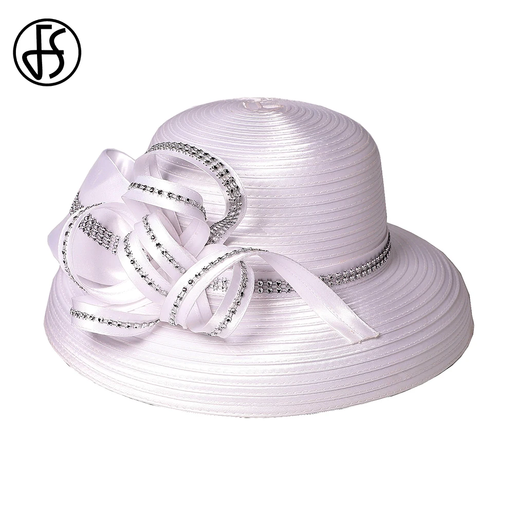 FS Lady Cocktail Tea Party Dress Derby Fedora Wedding White Hat Church Elegant Bow Flower Caps For Women Wide Brim Cloche Hats