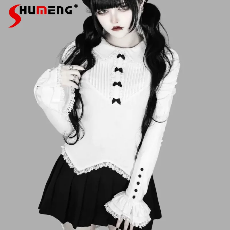 

Harajuku Style Sweet Bow Lace Trim Black White Color Block Bottoming T Shirt Soft Casual Daily Streetwear Top For Young Women