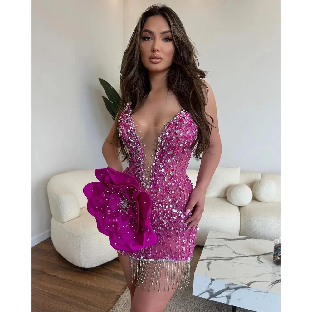 

Beaded Sequined Embroidery V-neck Short Flower Sexy Zipper Up Prom Evening Cocktail Formal Party Dress For Women