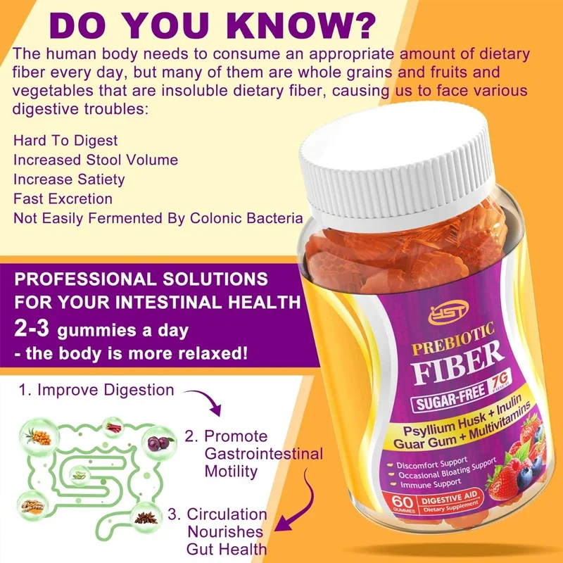 Prebiotic Fiber 7G Adult Supplemented Soft Candy+Plantago Shell, Sugar Free - Inulin, Multiple Vitamins