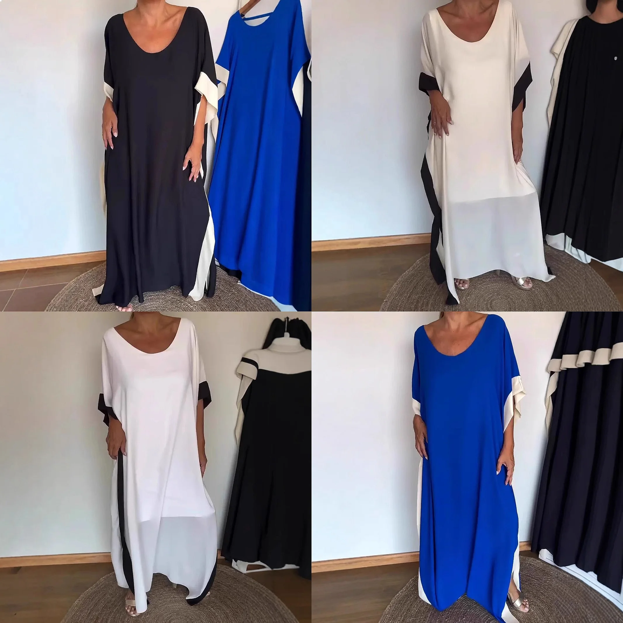 

Elegant Loose Batwing Sleeve Dress Casual Plain Patchwork Dresses Spring Summer Women Loungewear Shift Dresses