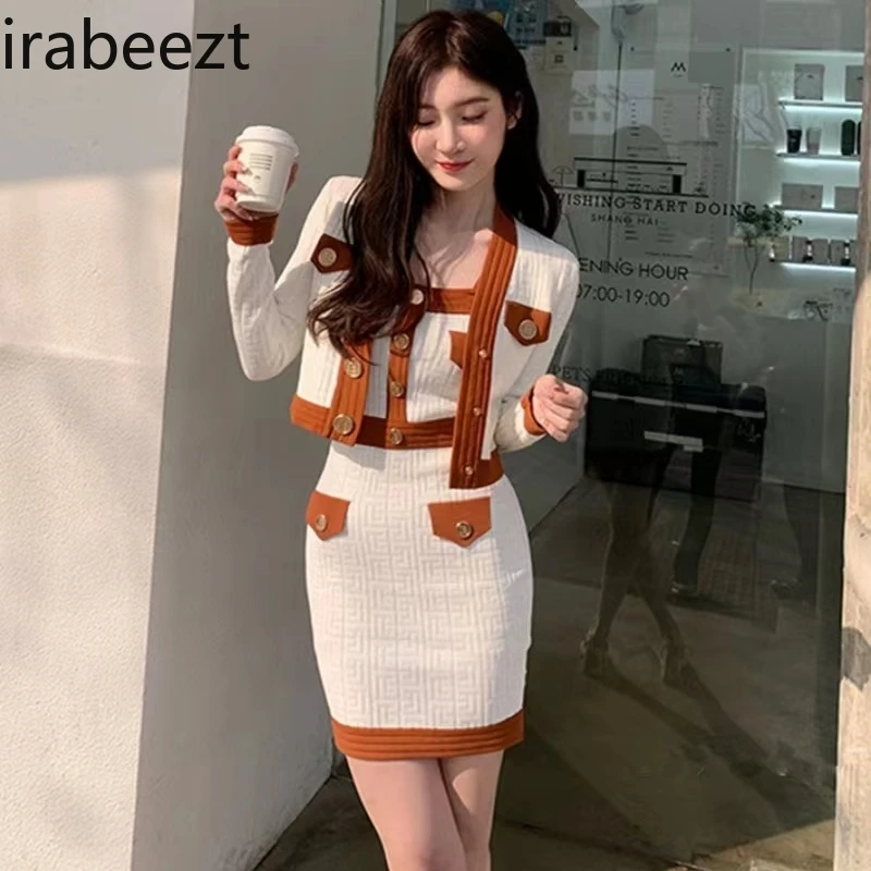 Fashion Suit Socialite High-grade Temperament Cardigan High Waist Halter Dress Ensembles De Jupes 2 Piece Sets Womens Outfits