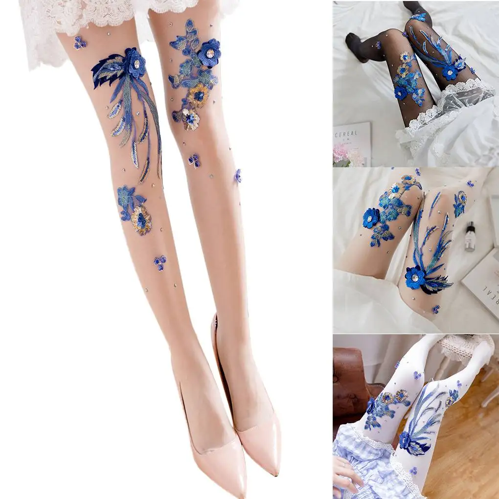 

Slim Leggings Stocking Sexy Pantyhose Silk Hosiery Embroidery Flower Long Socks Woman Girl