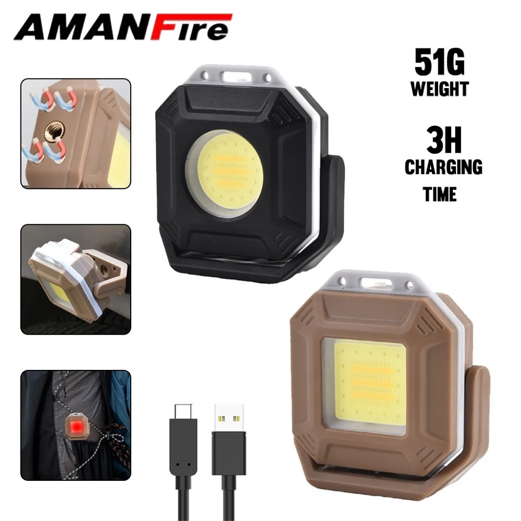 Amanfire 1125 COB LED Pocket Light Mini Keychain Flashlight USB Rechargeable Torch IPX4 Waterproof for Outdoor Camping Hiking