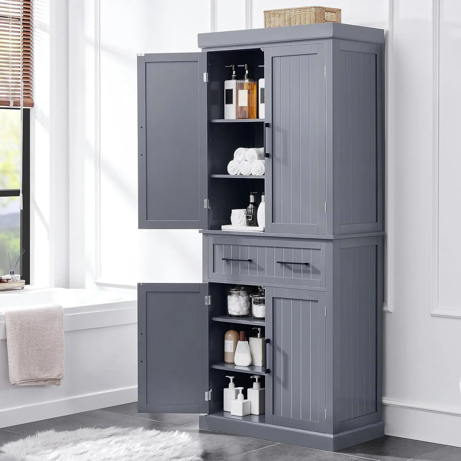 Kitchen Pantry Storage Cabinet with Drawer, Cupboard Pantry Cabinets with Adjustable Shelves and Barn Doors