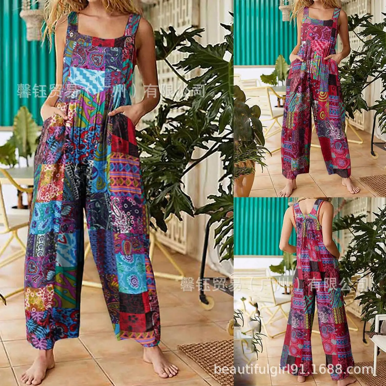 

Boho Patchwork Summer Jumpsuit Printed Button Strap Jumpsuit Ethnic Floral Linen Jumpsuit High Waist Long Casual Overalls