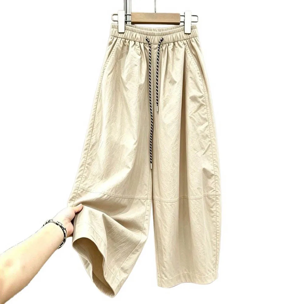 Wide Leg Trousers for Women Drawstring Elastic Waist Ankle Length Loose Fit Casual Pants Polyester Spandex Mix