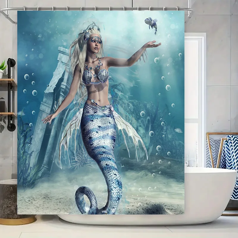 

Underwater Mermaid Bathing Suit Shower Curtain Set for Bathroom Decor – Blue White Artistic Print Indoor Waterproof Home Decorat
