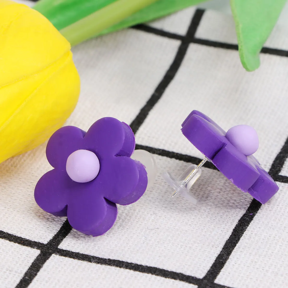 

Flower Ear Studs Polymer Clay Colorful Jewelry Earrings For Women Purple Durable Lightweight Long Wear Comfortable