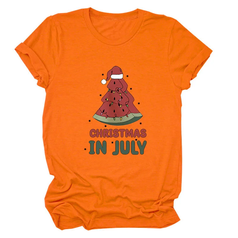 New summer fashion women's cotton christmas in july melon letter printed short vintage round neck T-shirt