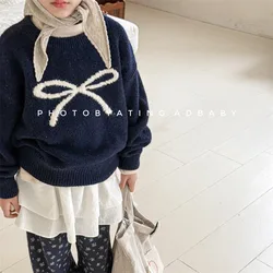 2024 Winter New Children Long Sleeve Sweater Thick Warm Baby Girls Bow Knitted Pullover Tops Boys Casual Knitwear Kids Clothes