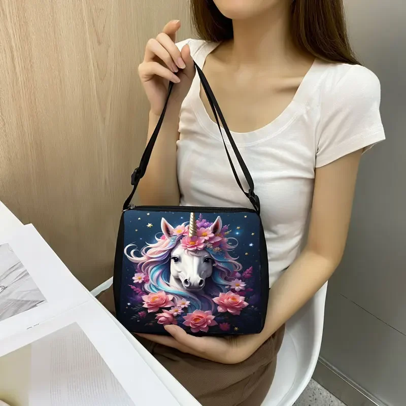 Cute Unicorn Flower Print Shoulder Bag Women Handbags for Travel Crossbody Bag Phone Holder Portable Messenger Bags Gift