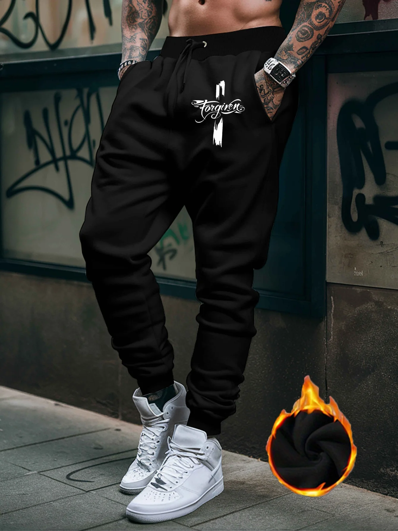 Spiritual‑theme Men Sports Sweatpants Forgiven Cross Script Print Elastic Waist Breathable Athletic Trousers For All Season Use