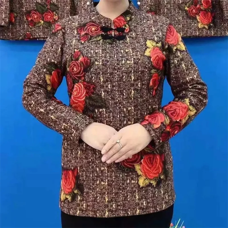 Plüsch Mutter Bodenbildung Shirt Herbst Winter 2022 Neue Stil Mittleren Alter Alte Alter Vielseitig Western-Stil Lose Lange Ärmeln frauen Top