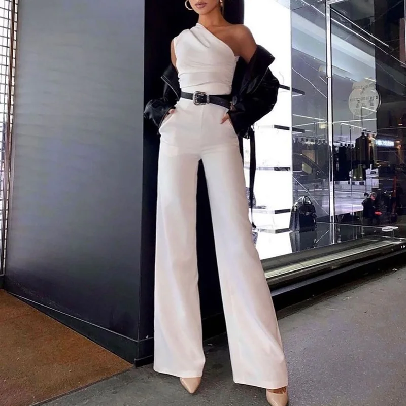 Fashion Casual High Street Slim Solid Jumpsuits Women Sexy Skew Collar Backless Jumpsuit Spring Summer Sleeveless Lace-Up Romper